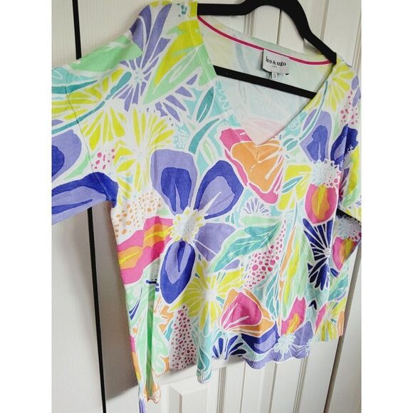 Leo & Ugo Paris 3 Sweater Womens Multi Color Floral US 48 V-Neck XL Nylon - Picture 5 of 7